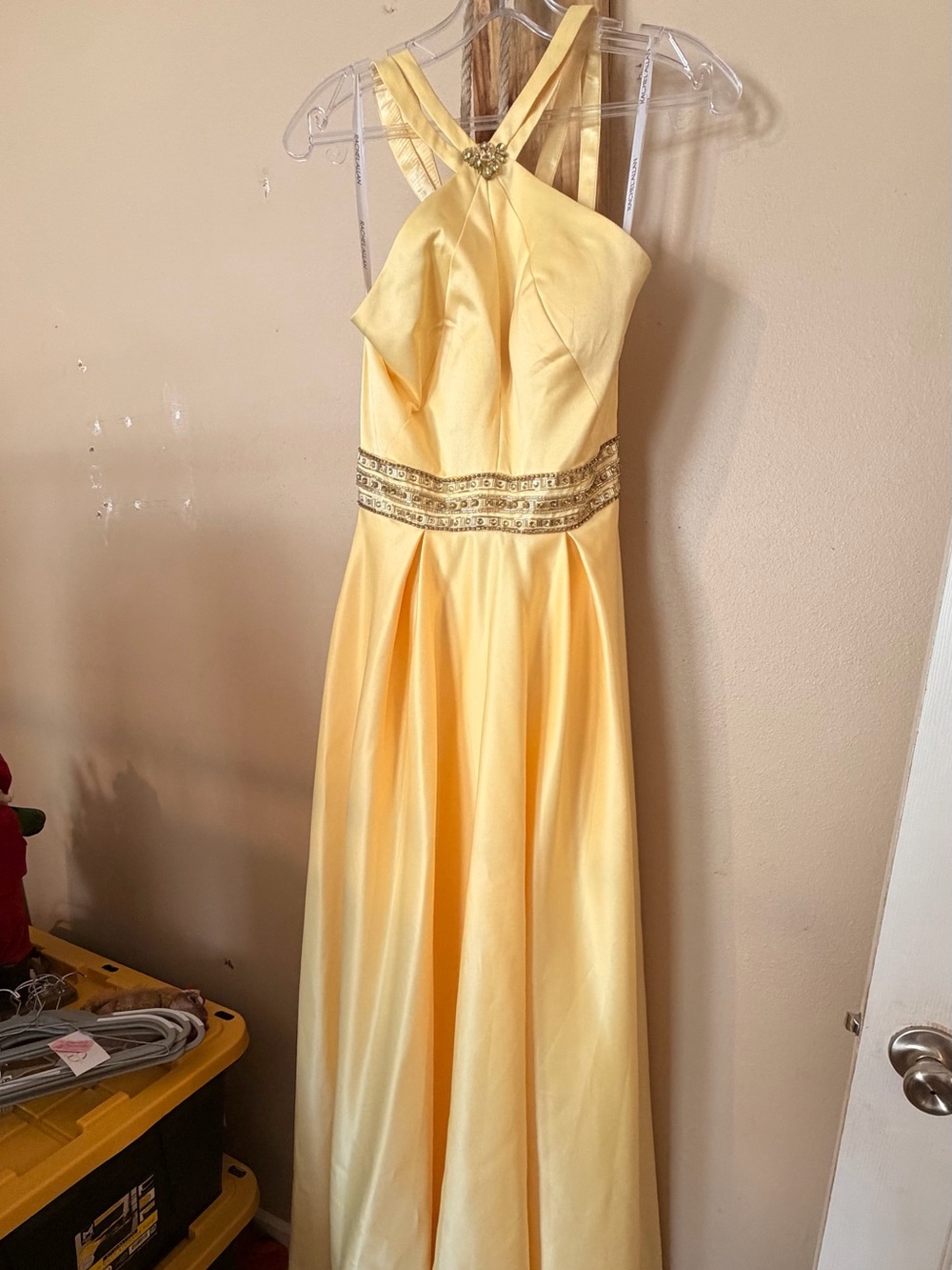 Source Unknown Lemon Yellow Satin Prom Dress with Beaded Waist